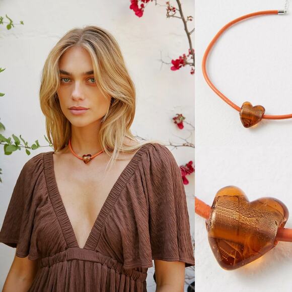 Free People Jewelry - Free People Under the Sea Collar Orange NWT Choker Glass Heart Pendant Bohemian